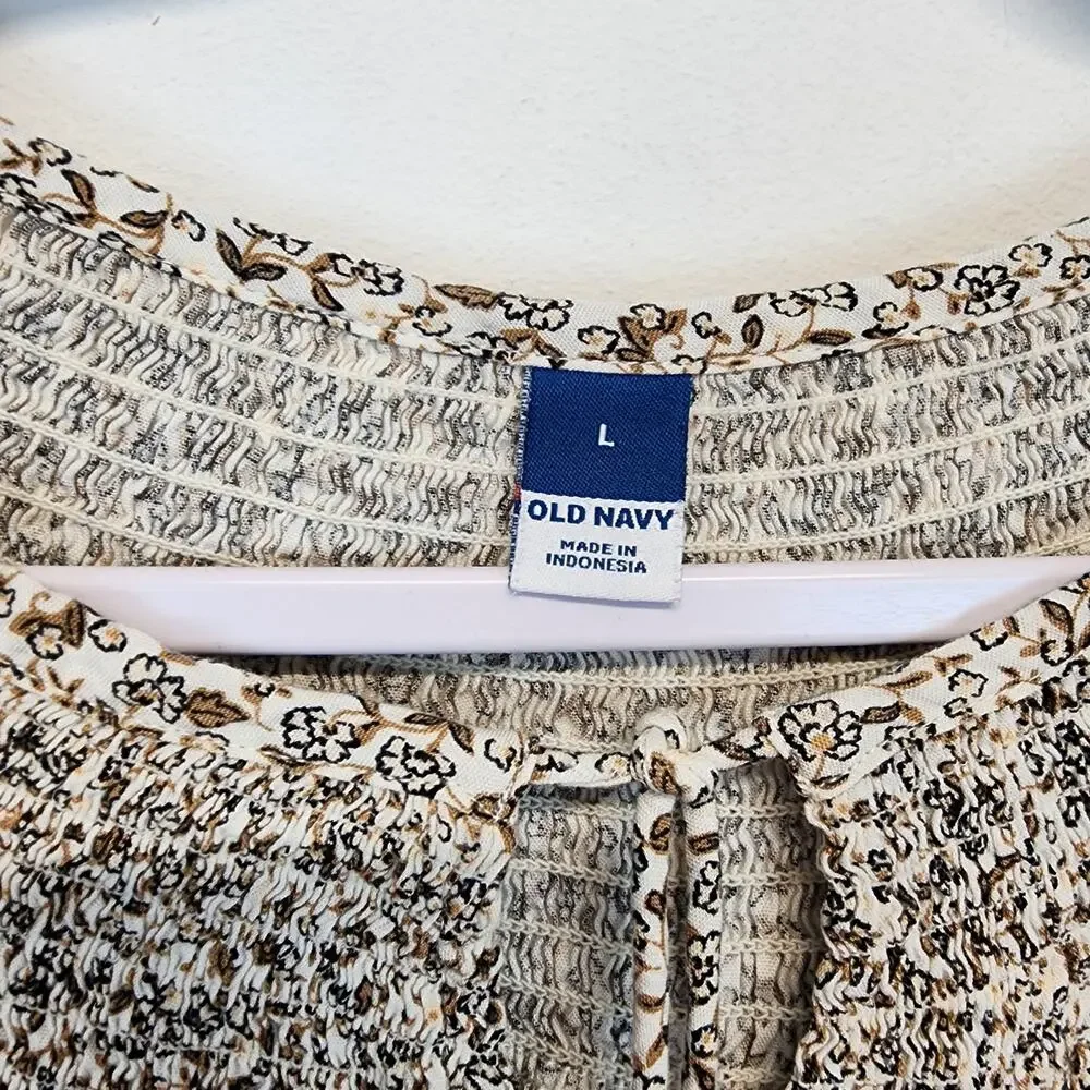 Old Navy Womens Ditsy Peasant Top Blouse Size L Smocked Puff Sleeve Cotton Rayon